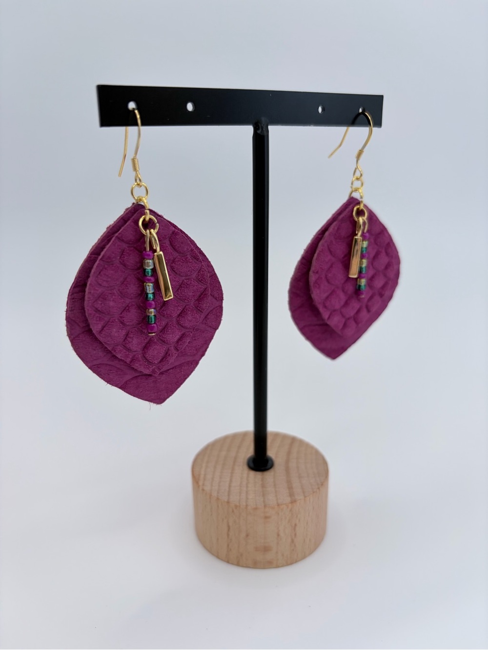 Handcrafted magenta Layered Teardrop Earrings with 14k gp hooks and Gold Accents